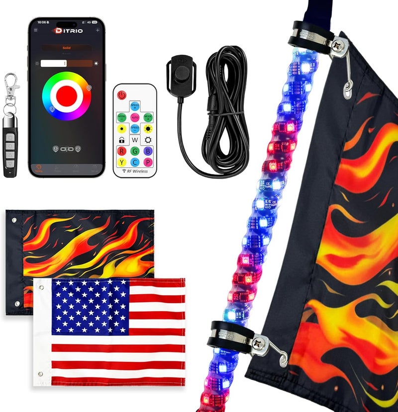 DITRIO 1 Pack 3FT Whip Lights with 2 Flags, Led Whip Light with App & Remote Control,Spiral Music RGB Chasing Lighted Whips,Side by Side Whip Lights for UTV ATV Polaris RZR Can-Am SXS Truck - Image 1